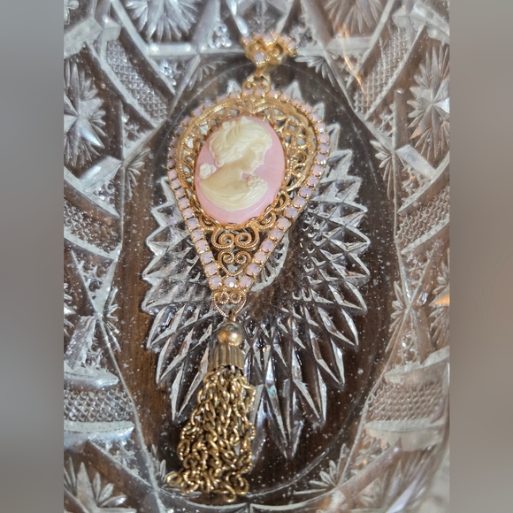 Vintage Jewelry - Cameo Brooch with Elaborate Frame, Crystals and Tassel